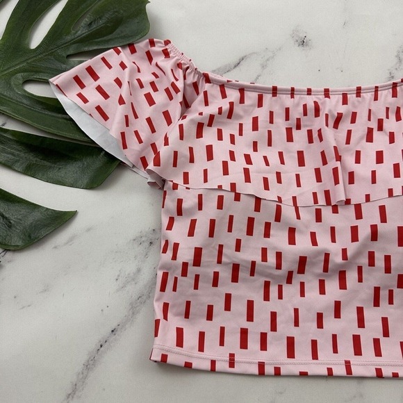 Kortni Jeane Womens Ruffle Around Tankini Top Size S New Pink Red Geometric Swim - Picture 3 of 8